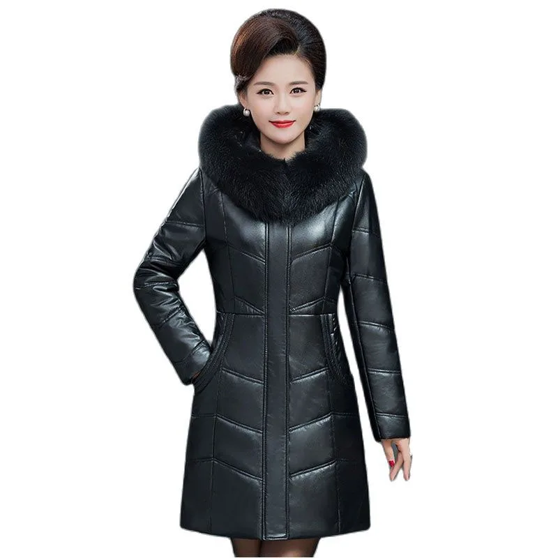 

High-quality Middle aged Women's Leather Jacket Winter New Thicken Warm PU Mid-length Leather Coat Female Outerwear 7XL A442