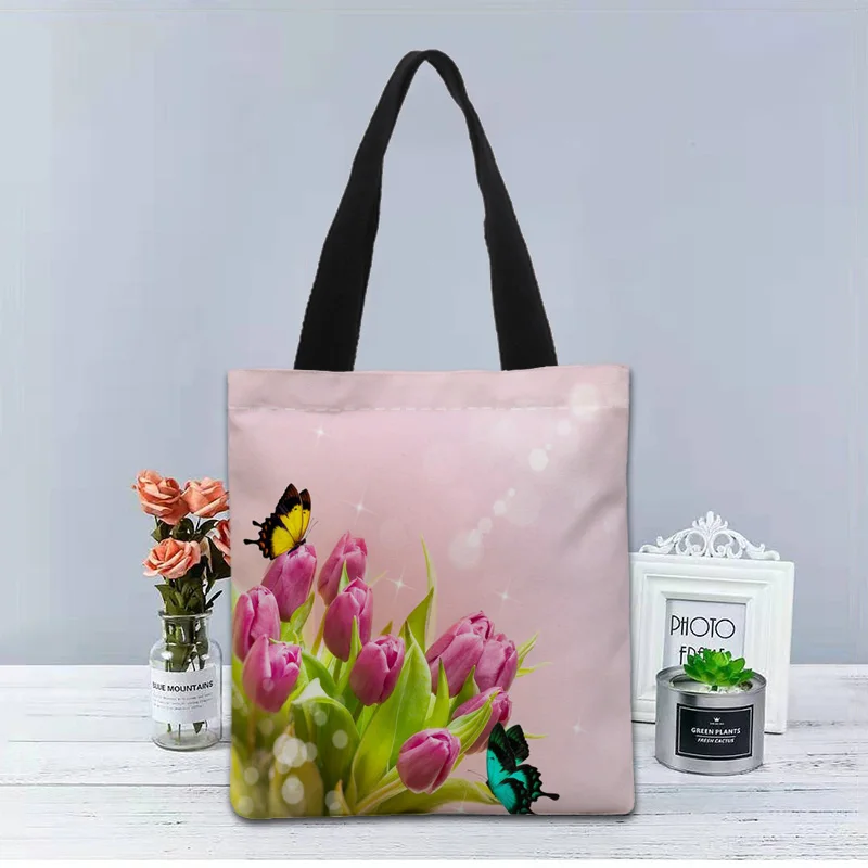 Tulip Flower Handbag Foldable Shopping Bag Reusable Eco Large Unisex Canvas Fabric Shoulder Bags Tote Grocery Cloth Pouch 1214