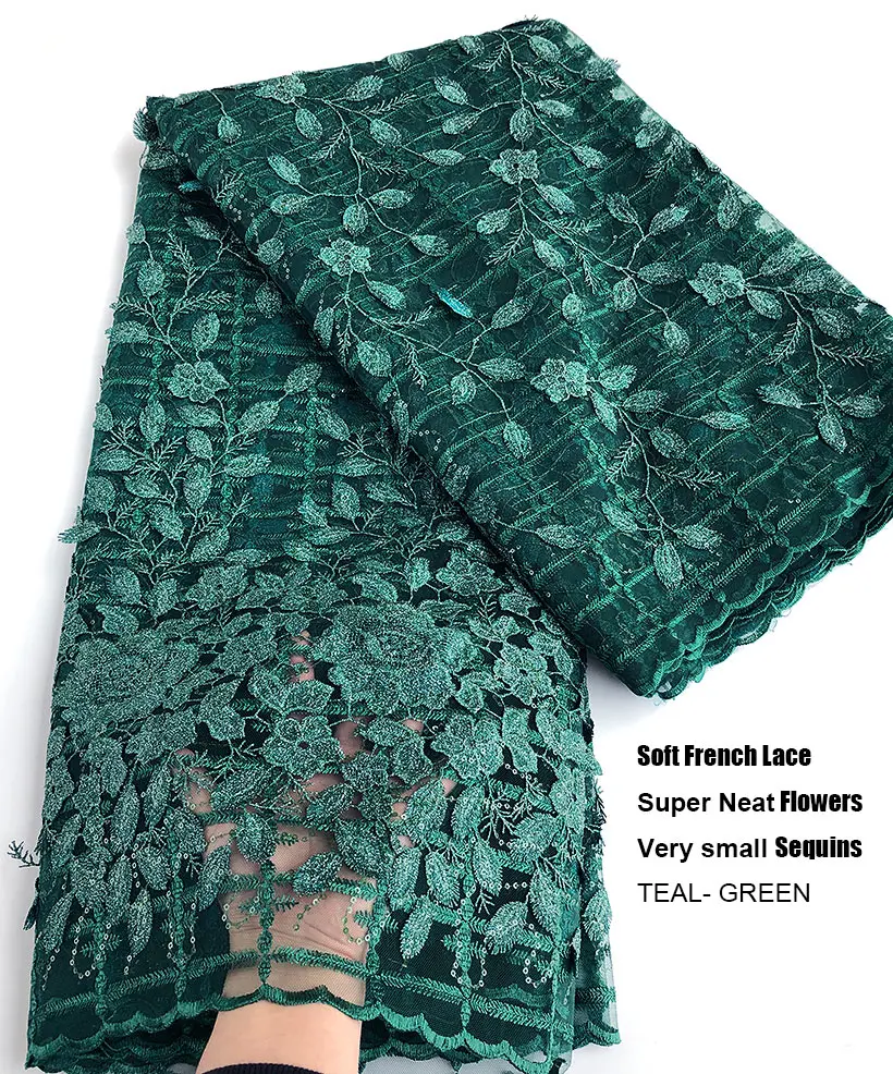 Plain Teal 3D French lace Metallic Lurex Embroidered African inspired mesh Net fabric for Nigerian Ghana casual occasional wear