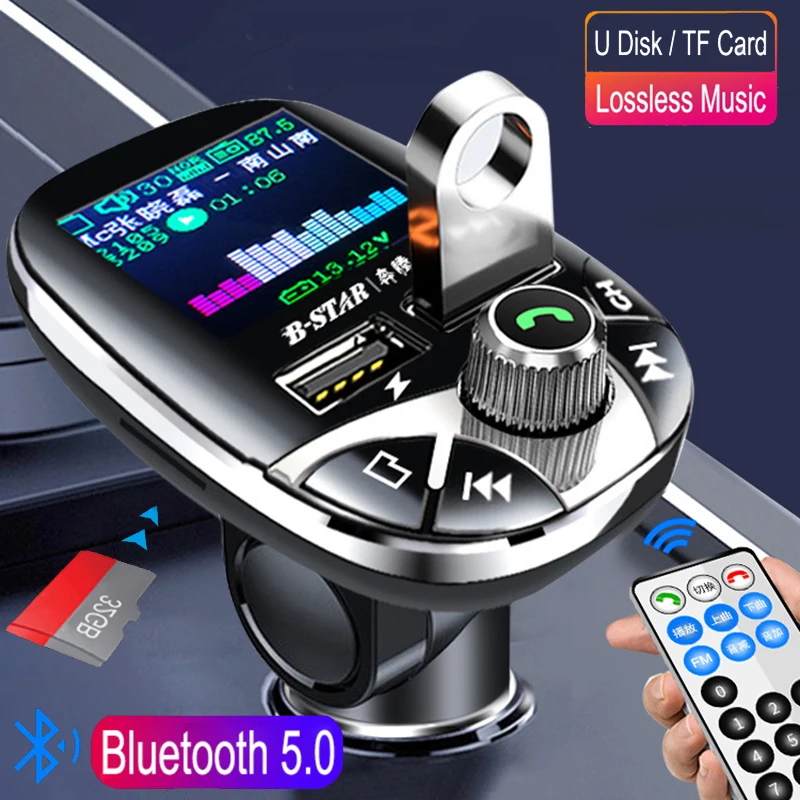 JINSERTA Car Bluetooth5.0 FM Transmitter Modulator Color Screen Hands-free MP3 Player Dual USB Charger with Remote Control