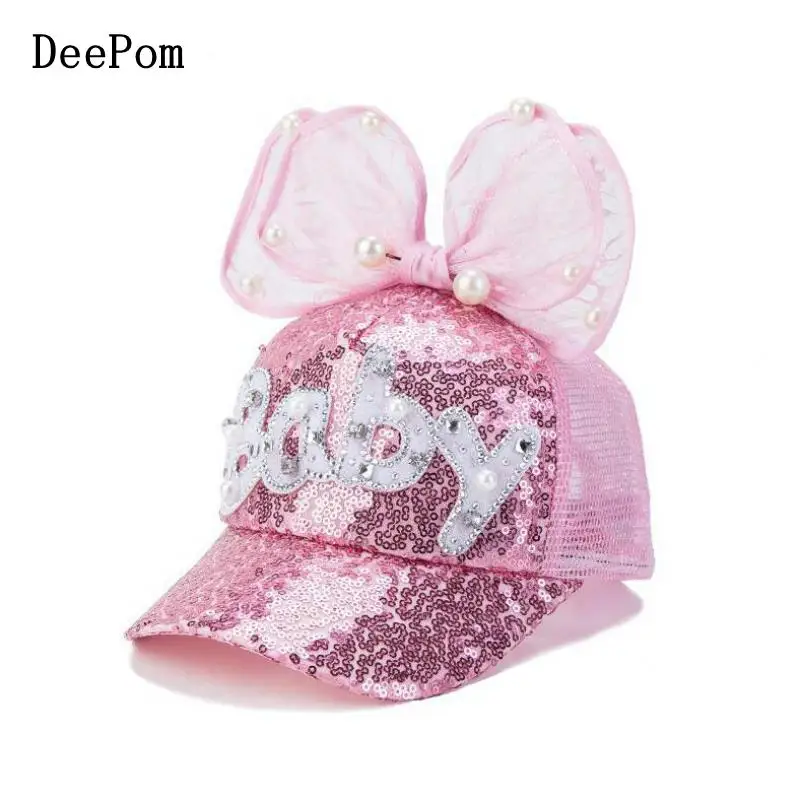 DeePom Kids Baseball Cap Snapback Hats For Girls Baby Big Yarn Bow Sequin Mesh Children Summer Mesh Cap Sun Visor 3-8 Year Bone