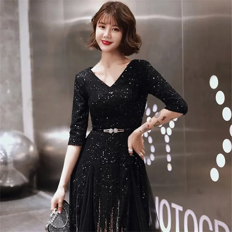 Evening Dresses 2020 Black Sequin V-neck Sparkle Elegant Little A-line Tulle Long Women\'s Formal Party Prom Gowns