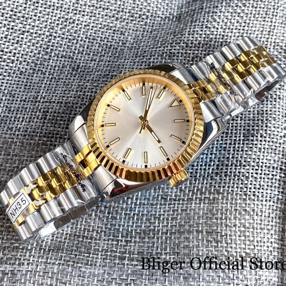 BLIGER-Reloj Automático para hombre, pulsera de cristal con bisel acanalado dorado, 36mm, 39mm, Nologo, NH35A, PT5000, dos tonos