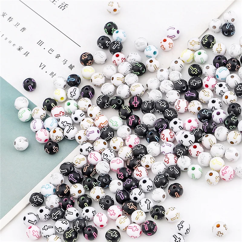 NEW 100pcs/lot 8mm Charms Round Cross Acrylic Loose Spacer Beads For Jewelry Making DIY Bracelet Necklaces Keychain Accessory