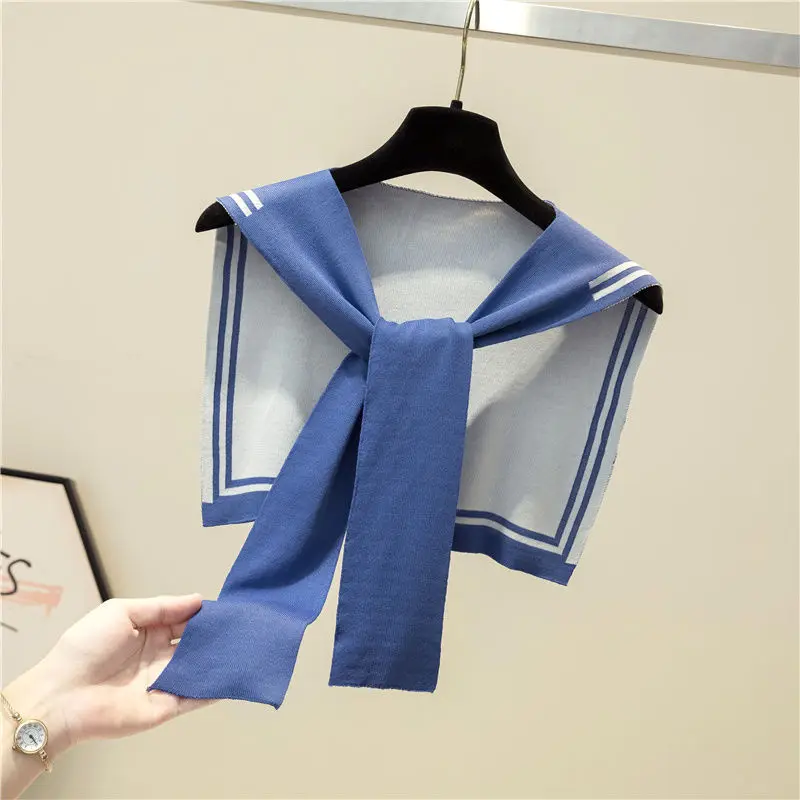 Korean College Navy Stripe Wool Knit Shoulder Cape Knotted Warm Shawl Summer Air Conditioned Room Protect Neck Woman\'s Scarf T56