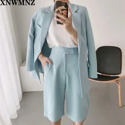 Fashion wild pocket solid color suit jacket or high waist was thin and simple wide leg shorts two-piece suit female XNWMNZ