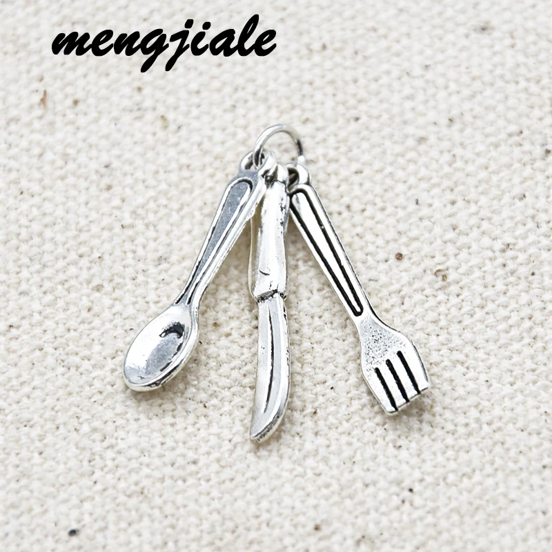 15pcs DIY Combination Pendants Tibetan Silver Tone Fork Spoon And Knife Sets charms for jewelry making 24mm x 4mm