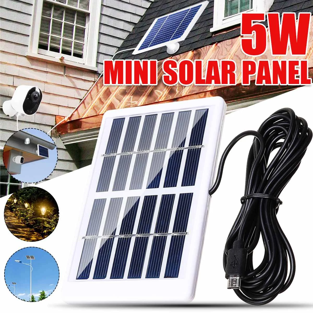 Cargador de panel de energía solar al aire libre de panel solar impermeable de 5W con cable de carga micro USB de 3m/10 pies y 6V
