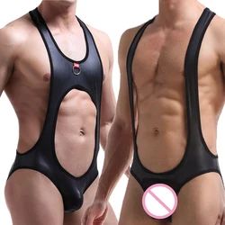 Sexy Men Undershirts Jockstrap PU Leather Jumpsuits Lingerie Backless Crothless Gay Underwear Wrestling Singlet Latex Bodysuits