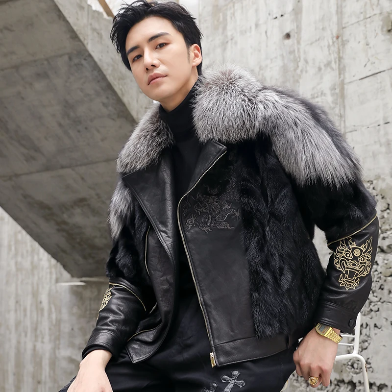 High-End Mink Coat Luxury Real Silver Fox Fur Leather Overcoat Mens Embroidered Genuine Leather Mink Fur Jacket Men Clothing