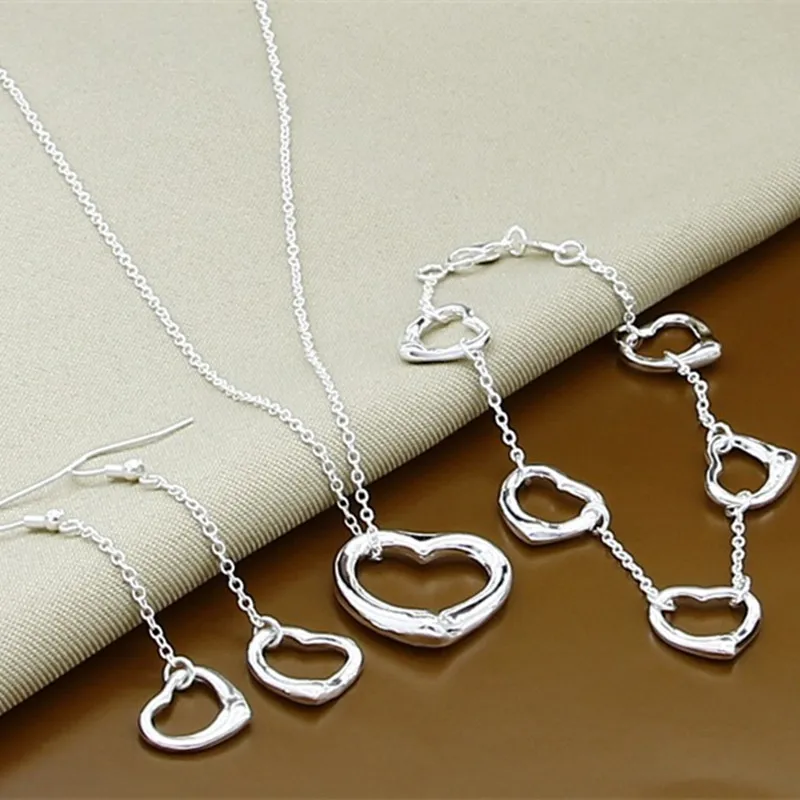 Silver 925 Set Wedding Jewelry Set Charm Heart Pendants Necklace Long Earring Bracelet For Women Wedding Party Gift