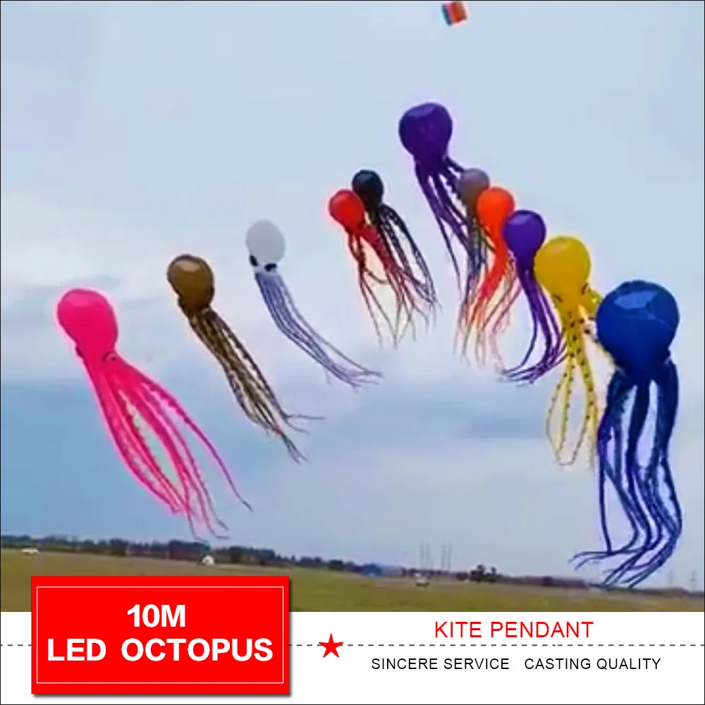 HFLY Nuovo Arrivo Morbido Gonfiabile 12m/20m LED Polpo Aquilone Linea Lavanderia per Adulti di Alta Qualità Ripstop Nylon Notte Aquiloni Ciondolo