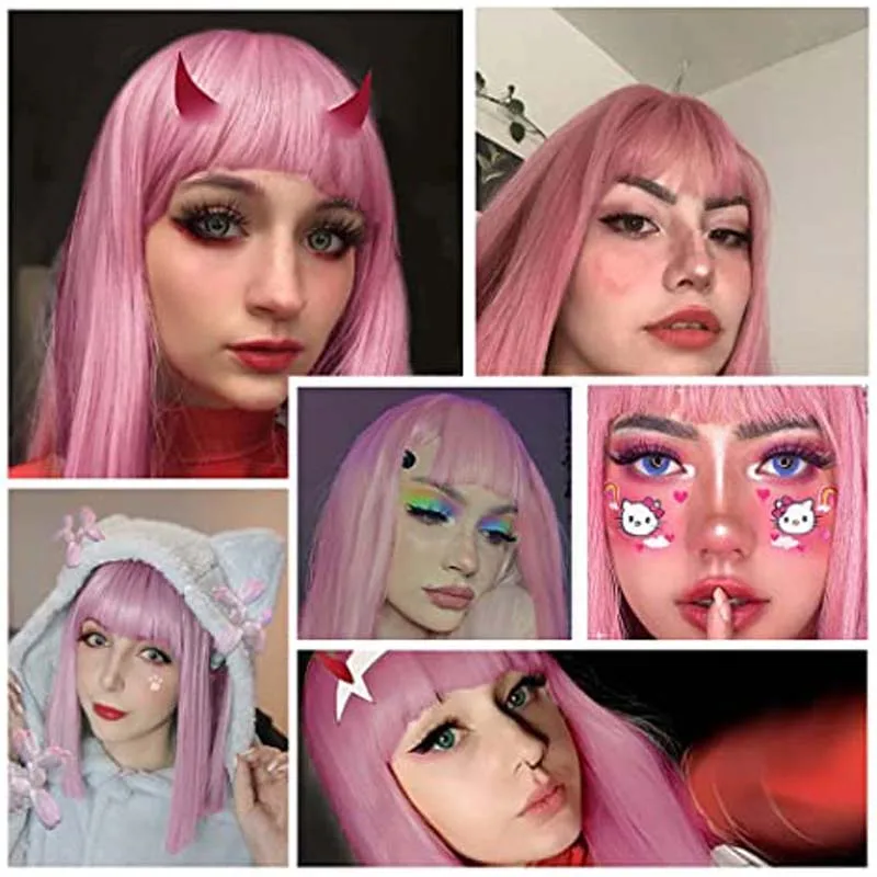 Synthetic Long Straight Pink Wig with Bangs Long Wigs for Women Short Bob Pink Wig With Bangs Cosplay For Party Daily Use