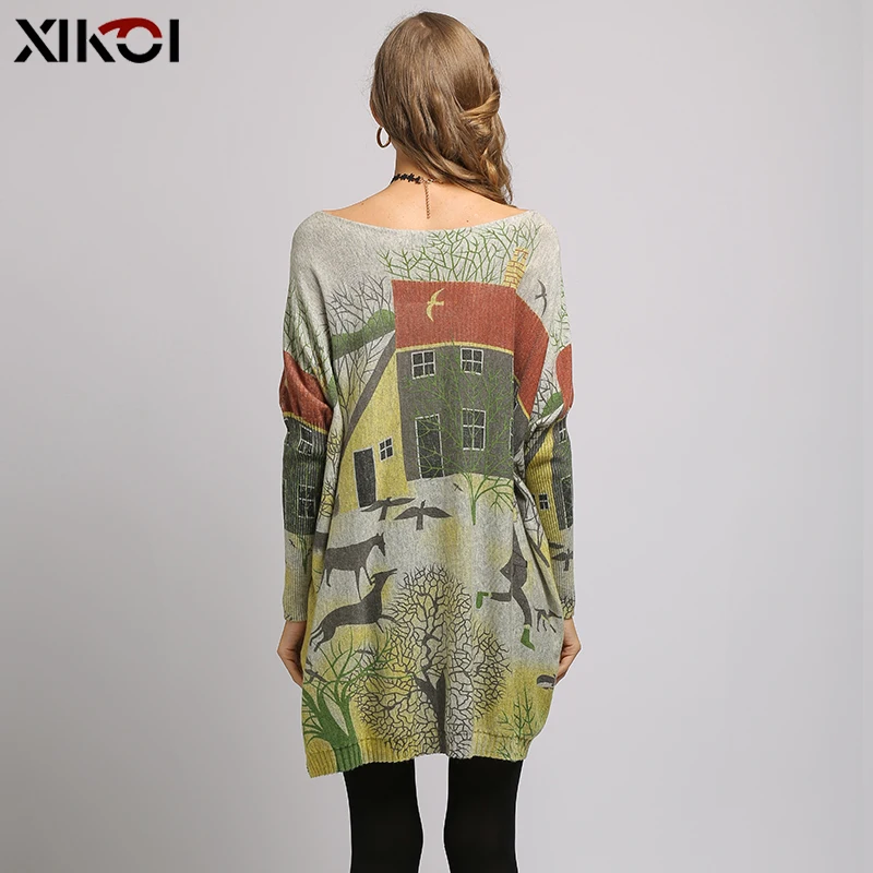 XIKOI Oversize Sweater Women Pullover Dress Pull Femme Relax Countryside Style Print Knitted Winter Warm Clothes Batwing Sleeve