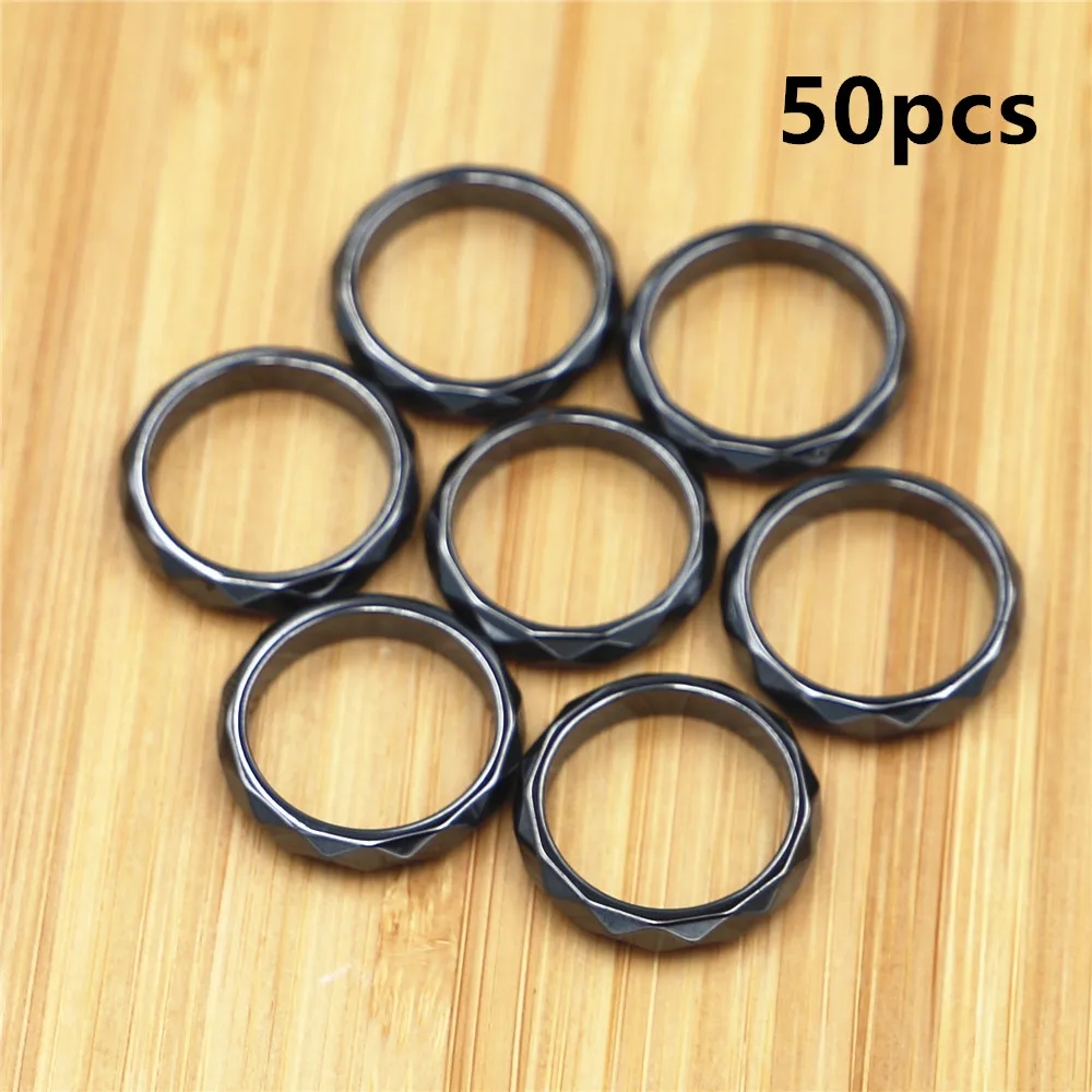 

50pcs Fashion Grade AAA Quality 4 Mm Width Faceted Hematite Rings Band Sizes 5 Through 12 Men Womens Ring Jewelry