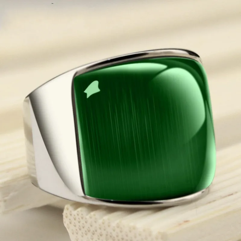 BOCAI 316l Titanium Steel Men\'s Rings Domineering Fashion Personaltiy Temperament Green Cat\'s Eye Gemstone Finger Ring
