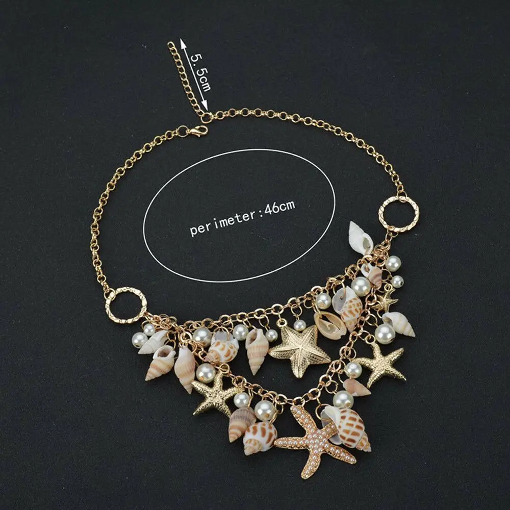 Starfish Sea Snail Earrings Necklace Bracelet Suit Pearl Shell Double Sautoir Charm Conch Seashell Drop Earring Jewelry Sets