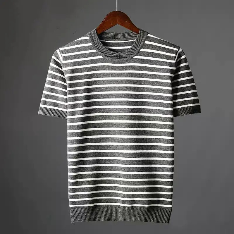 2024 New Autumn Summer Men T-shirt Knitted Short Sleeves Top Sweater Men's Striped Pullover T Shirt Slim Knitted Tees D218