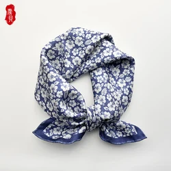 Blue natural silk twill scarf women printed little flower 100% real silk scarves 50cm small square shawl headband lady gift