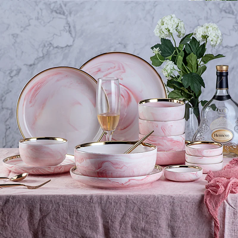 20pcs Pink/Grey Marble Ceramic Dinnerware Set Rice Salad Noodles Bowl Soup charge Plates Dish Kitchen Tableware For Family Use