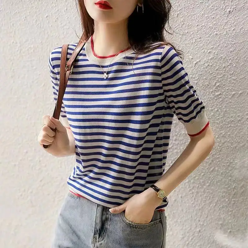 

Patchwork Knit Short Sleeve Striped Women Photo Color Thin Pullover O-Neck T-Shirt Feminine 2023 Summer Loose Ice Silk Sweater