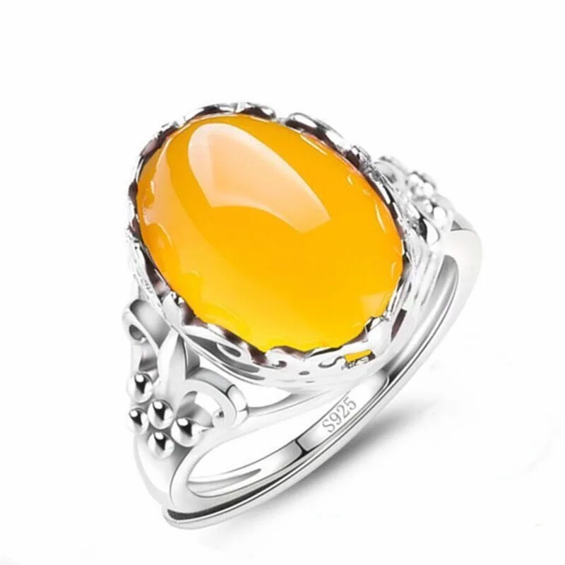 925 Silver Plated Natural Green Chalcedony Gemstone Ring Female Red Agate Atmosphere Fashion Open Ring Birthday Gift