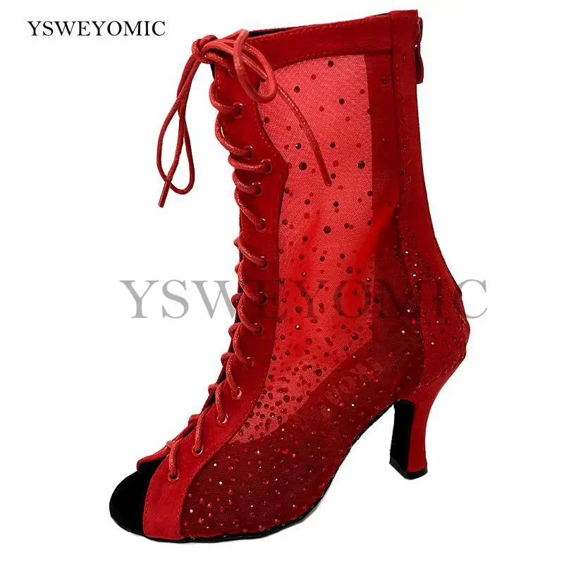 Red Rhinestones Dance Boots Strong Mesh Fashion Style Soft insole High Quality Practice Bachata Salsa Latin Dance Shoes Women