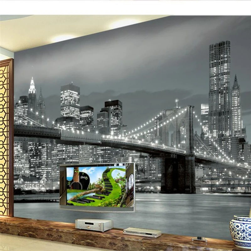 mural  papier peint  wallpaper for walls 3 d Custom wallpaper  New York Bridge Architecture Night view TV wall murals behang