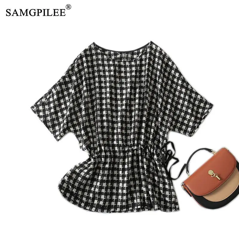 

Summer Women T Shirt 2022 New Fashion O Neck Black And White Plaid Drawstring Waist Korean Style Chiffon T-shirts Female 4XL