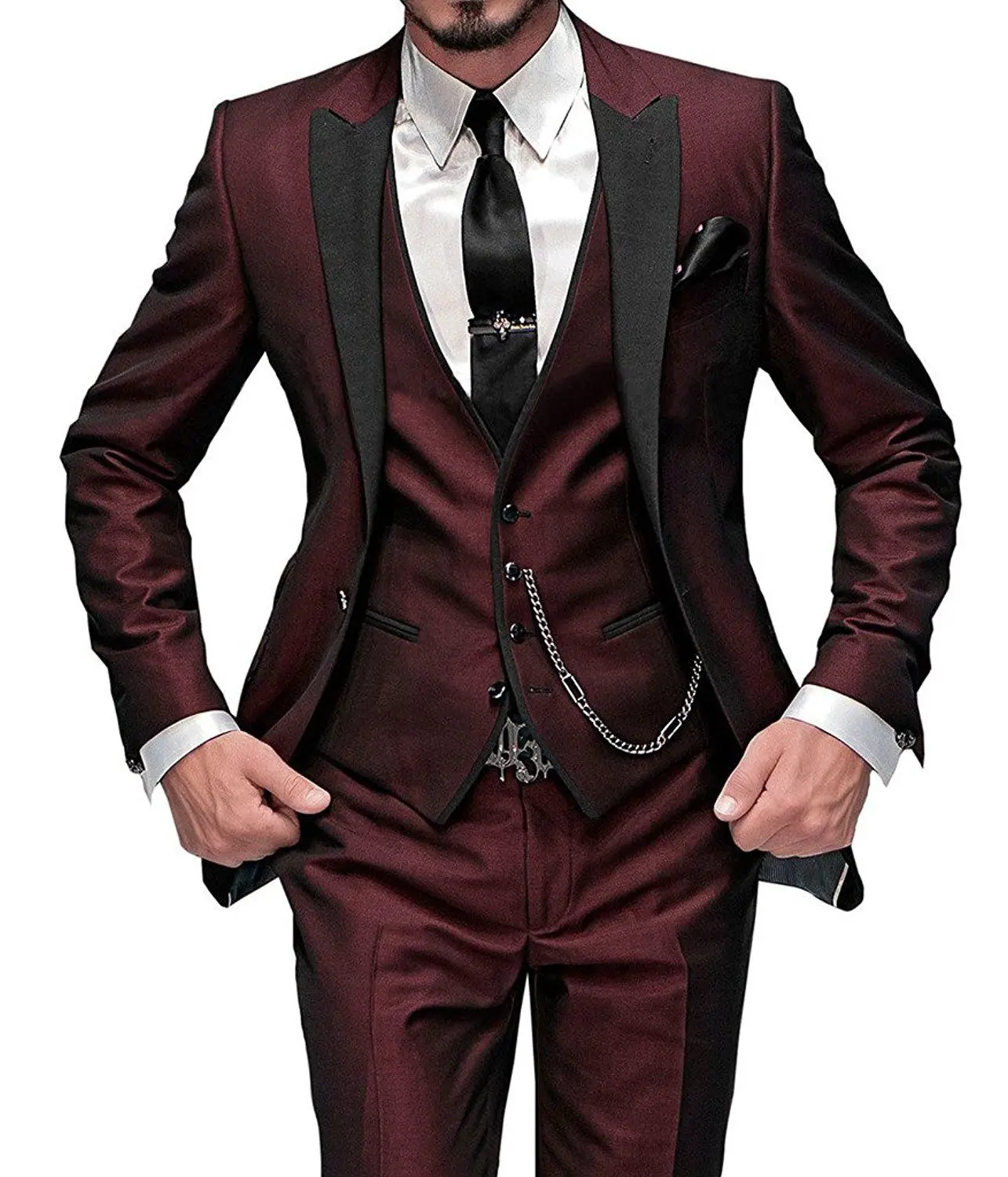 

Men's Suit Slim Fit 3 Pieces Burgundy Tuxedo Gentle-Mens Wedding Suits Notch lapel Groom Tuxedo Terno (Jacket+Pants+Vest)