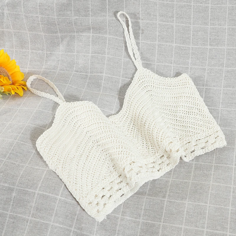 Rings Diary Women Crochet Cotton Crop Tops Spaghetti Strap Openwork Sexy Short Tops Cool Girls Backless Going Out Crochet Tops