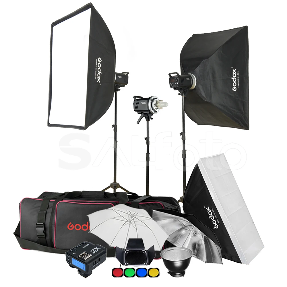 3pcs Godox MS300 300Ws / MS200 200Ws Studio Flash Light + X2T 2.4G Wireless Transmitter Compact Photo Strobe Stand Softbox Kit