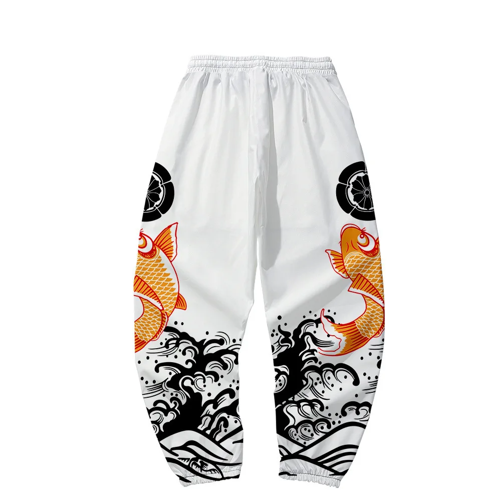 Japonês ukiyo-e peixe impressão do vintage sweatpants homens multi bolso carga outono harajuku hip hop jogger calças streetwear calças