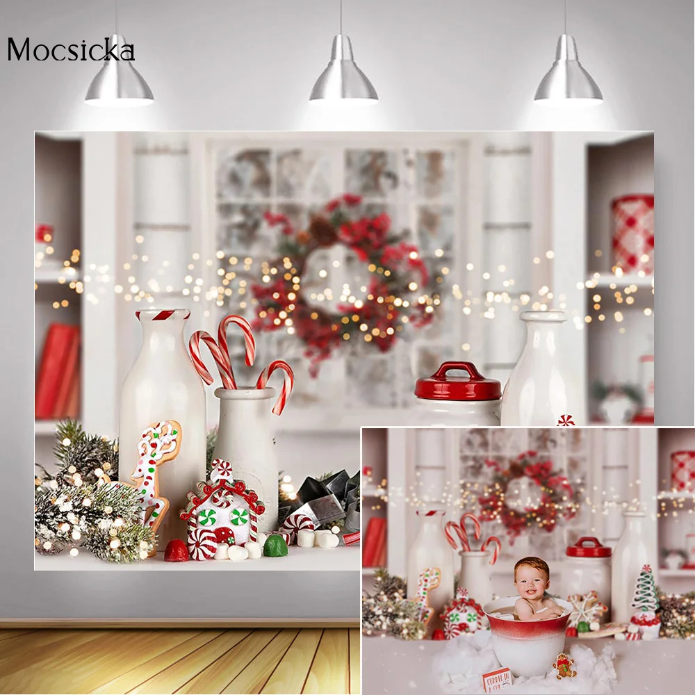 Bokeh Merry Christmas Backdrop for Photocall kitchen Bottle Red Wreath Snowflake Background Winter Birthday Art Photography