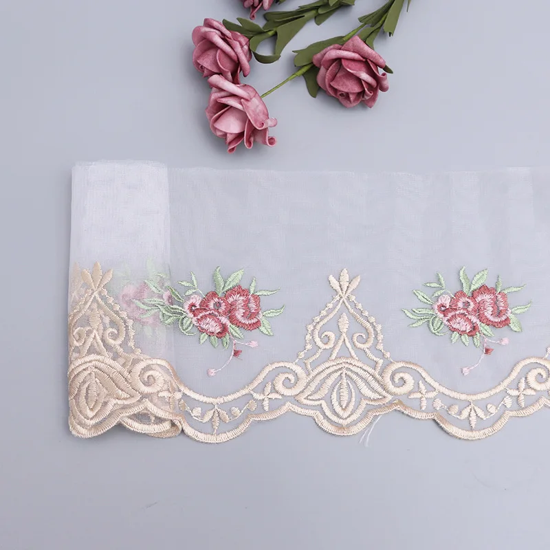 5Yards Gold Pink Handmade DIY Clothing Accessories Floral Embroidery Lace Fabric Curtains Sofa Lace Trim For Wedding Dress 18cm