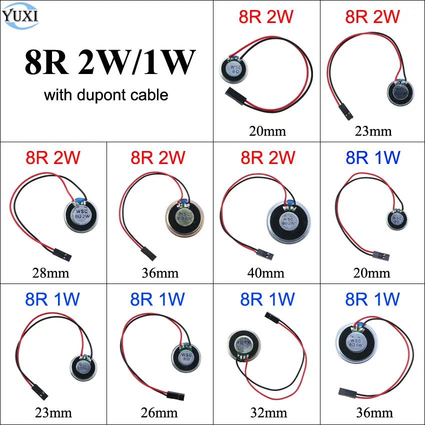 YuXi 8R 2W 1W Ultra-thin Speaker With Dupont Cable 8 Ohms 2/1 Watt Diameter 20mm 23mm 26mm 28mm 32mm 36mm 40mm Loudspeaker