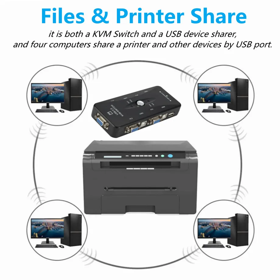 Grwibeou-conmutador KVM de 4 puertos, USB 2,0, divisor VGA, impresora, ratón, teclado, Pendrive, conmutador compartido, adaptador de caja de interruptor VGA de 1920x1440