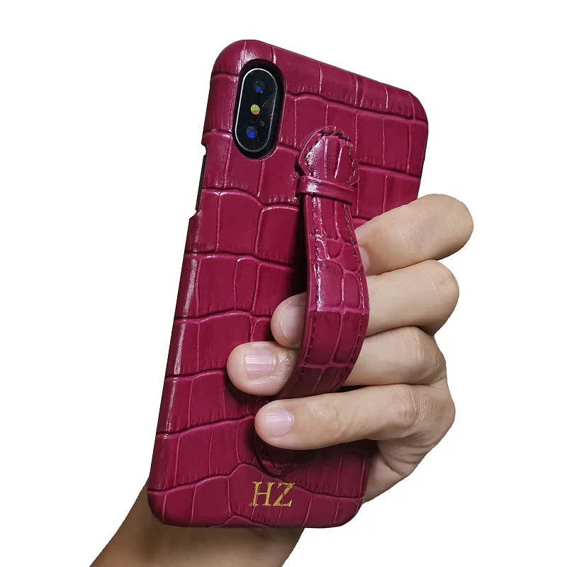 CUSTOM INITIALS Name Genuiune Leather Case For iPhone X XS Max XR Hand Strap Holder Phone Cover Luxury Cute Crocodile Accessory