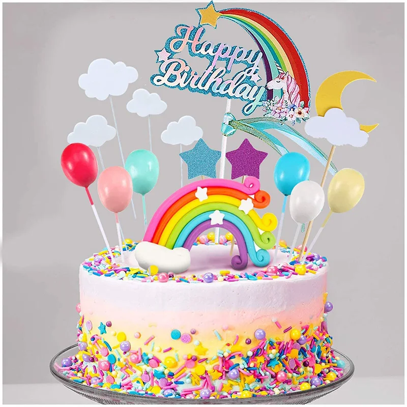 21pcs Unicorn Cake Topper Kit Cloud Rainbow Balloon Happy Birthday Banner Cake Decoration For Boy Girl Kid Birthday