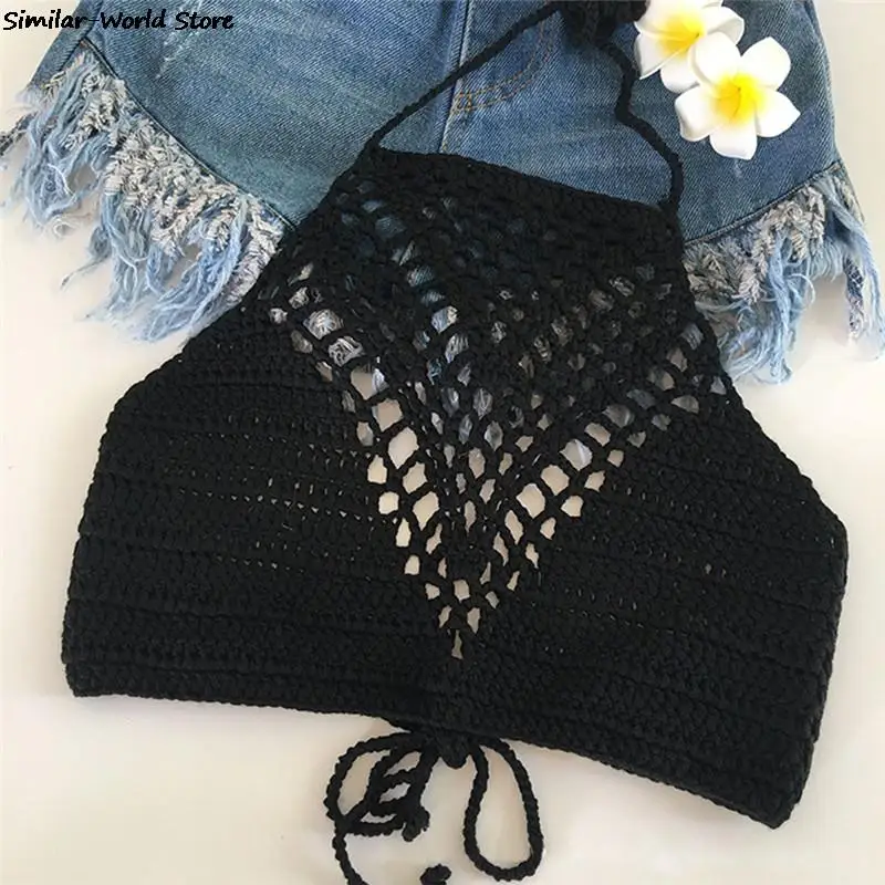 2021 New Bikini Top Crochet Women Boho Beach Bralette Solid Halter Knitted Swimsuit Bikinis Bathing Suit Top