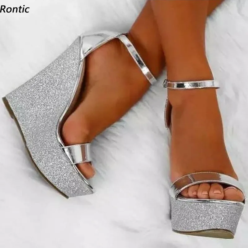 Rontic Handmade Women Wedges Sandals Glitter Wedges Heels Open Toe Beautiful Silver Party Shoes Ladies US Size 5-20