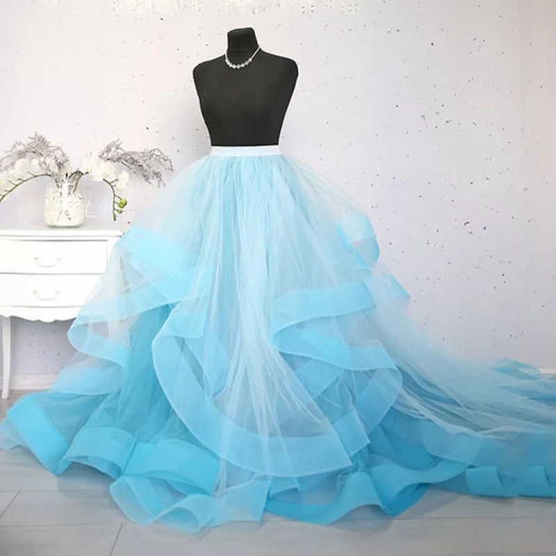 

Bohemian Long Train Bridal Wedding Skirt Sky Blue mujer faldas Soft Tulle Long Skirt Ruffles Prom Party Gowns Puffy