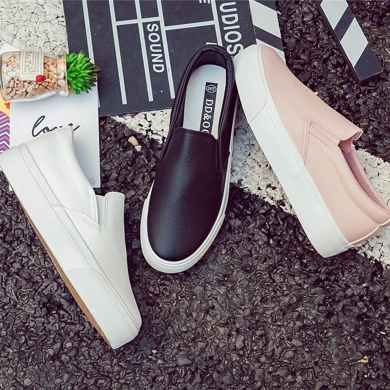 Women Leather Shoes Spring Trend Casual Female New Fashion Comfort Slip-on Platform Vulcanized Shoes