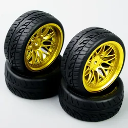 RC 4Pcs 1/10 Run Flat Tires and Wheel Rim 12mm Hex BBG+PP0150 Fit HSP HPI 1:10 On-Road Racing Car