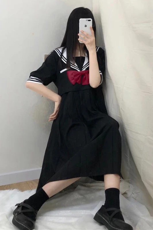 Robe à manches longues col marin japonais, jupe ample mi-longue avec nœud mignon, uniforme d'école d'été pour femmes