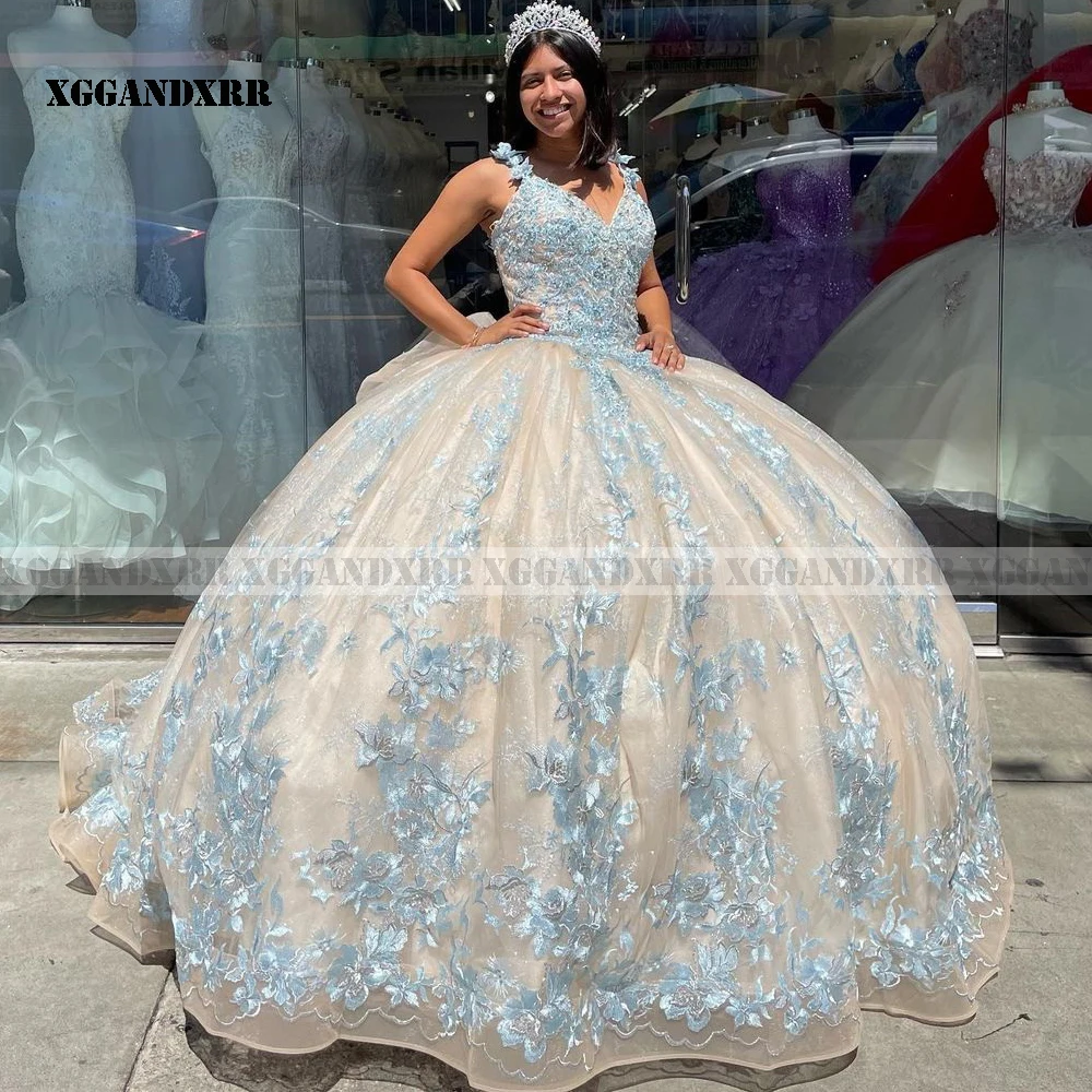 Robes de Quinceanera élégantes bleu ciel, robe de Rh, bleu bébé, fleurs 3D, bouffantes, douces, 16, boutons, 15 ans