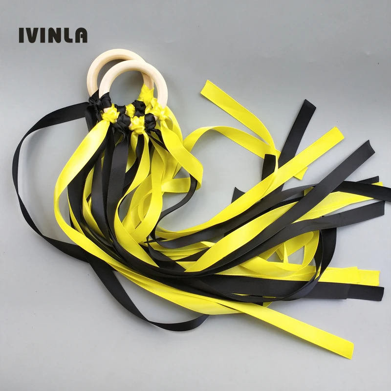 20pcs/lot yellow and black Stain ribbon Wooden Ring Waldorf Ribbon With Bell Hand Kite Toy for Birthday Party Favors