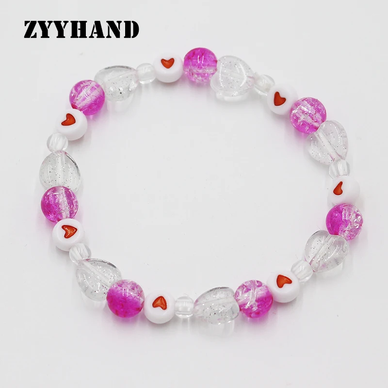 Fuchsia Beads Heart Women Elastic Bracelet Transparent Girl Small Arcylic Plastic Charm Lady Romantic Customized Jewelry