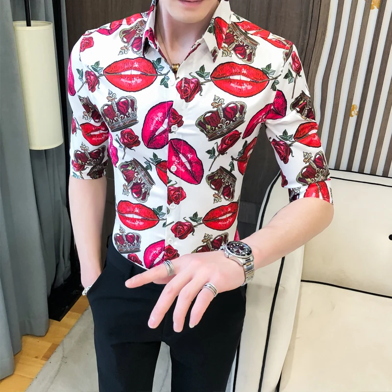 Slim Fit Casual Hawaiian Shirt Streetwear Social Nightclub Party Blusa High Quality Red Lips Retro Men Shirt Summer Short Sleeve