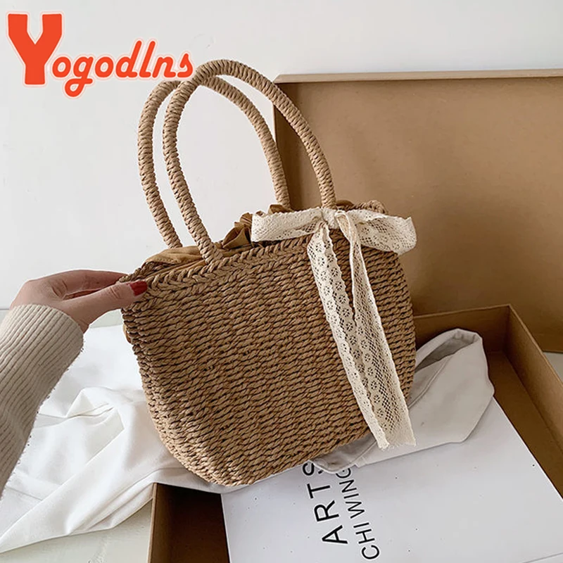 Yogodlns Hot Summer Lace Straw Bag Women Fashion Rattan Handle Bag Handmade Weave Handbag Vacation Lady Beach Bag Casual Pouch